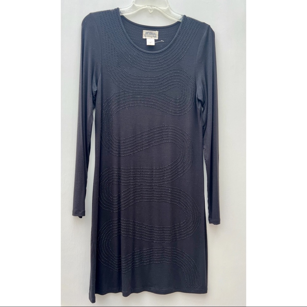 Torn by Ronny Kobo Black Dress Long Sleeve Soft Bamboo Rhinestone Slip On Size M